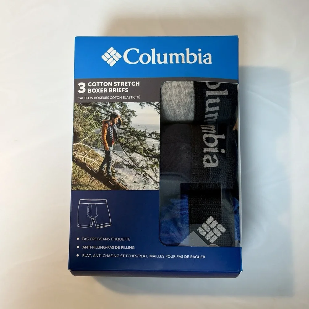 Columbia Men's Boxer Briefs COTTON Stretch S 28-30 3-Pack Blue/Navy Blue/Gray